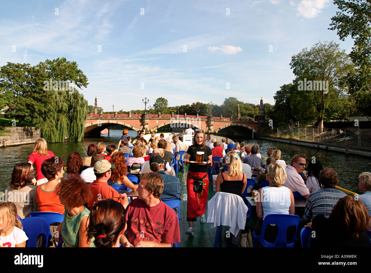 Berlin river Spree tourist boat luther bridge Berlin Tiergarten Ausflugsboot auf der Spree Lutherbruecke Stock Photo