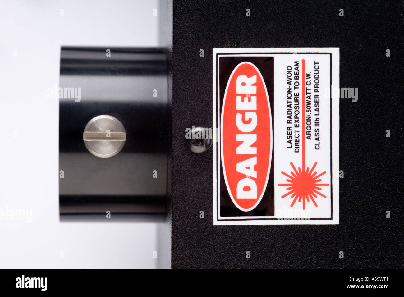 laser radiation warning label on a laser Stock Photo