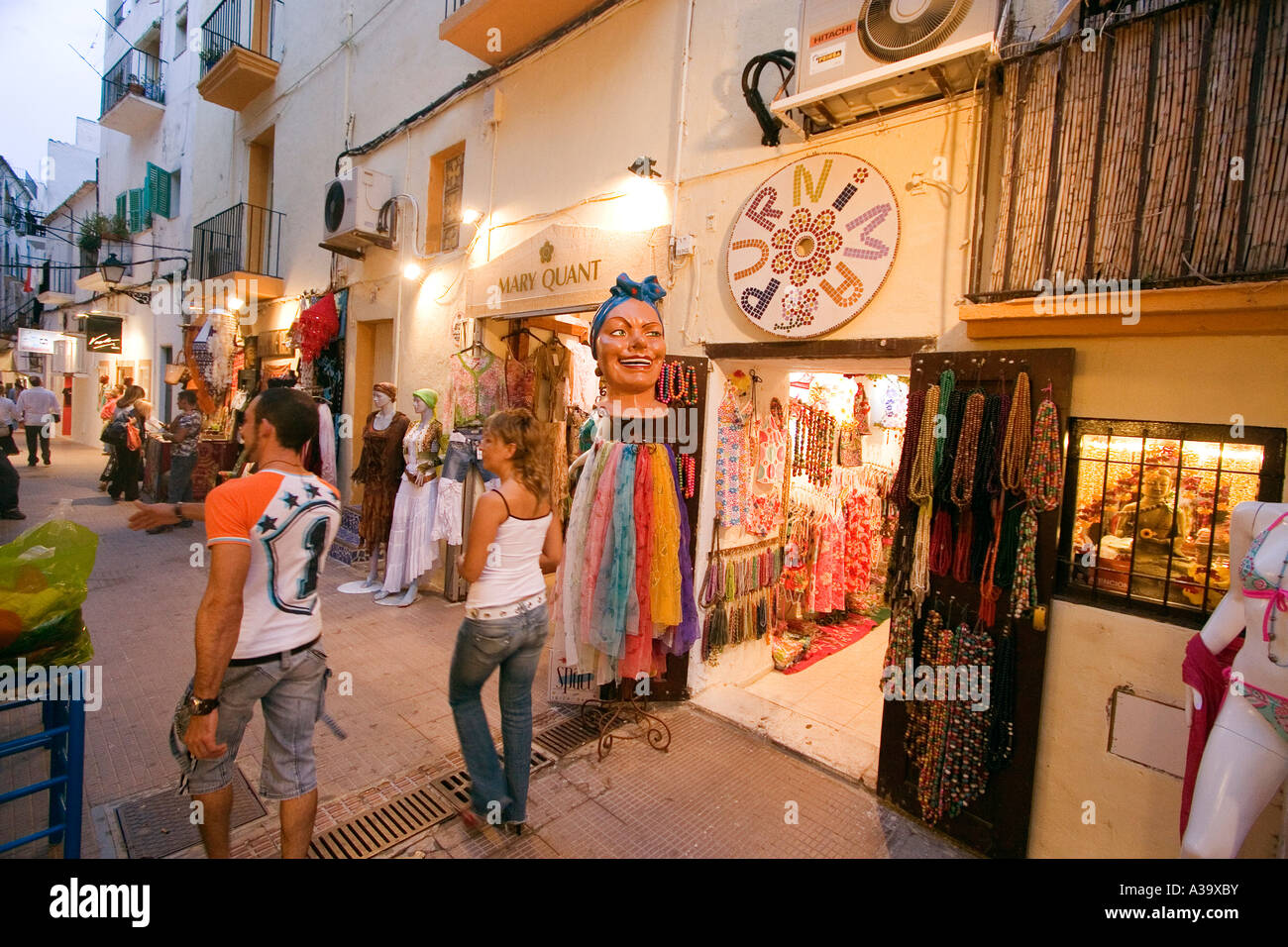 Spain Baleares island Ibiza town street market shops Stock Photo
