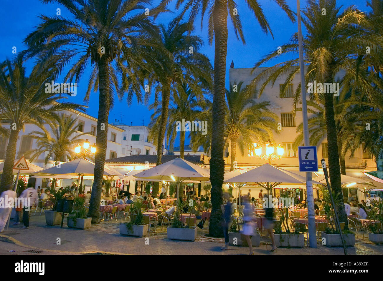 Spain Baleares island Ibiza town by night restaurants near harbour street cafes Stock Photo
