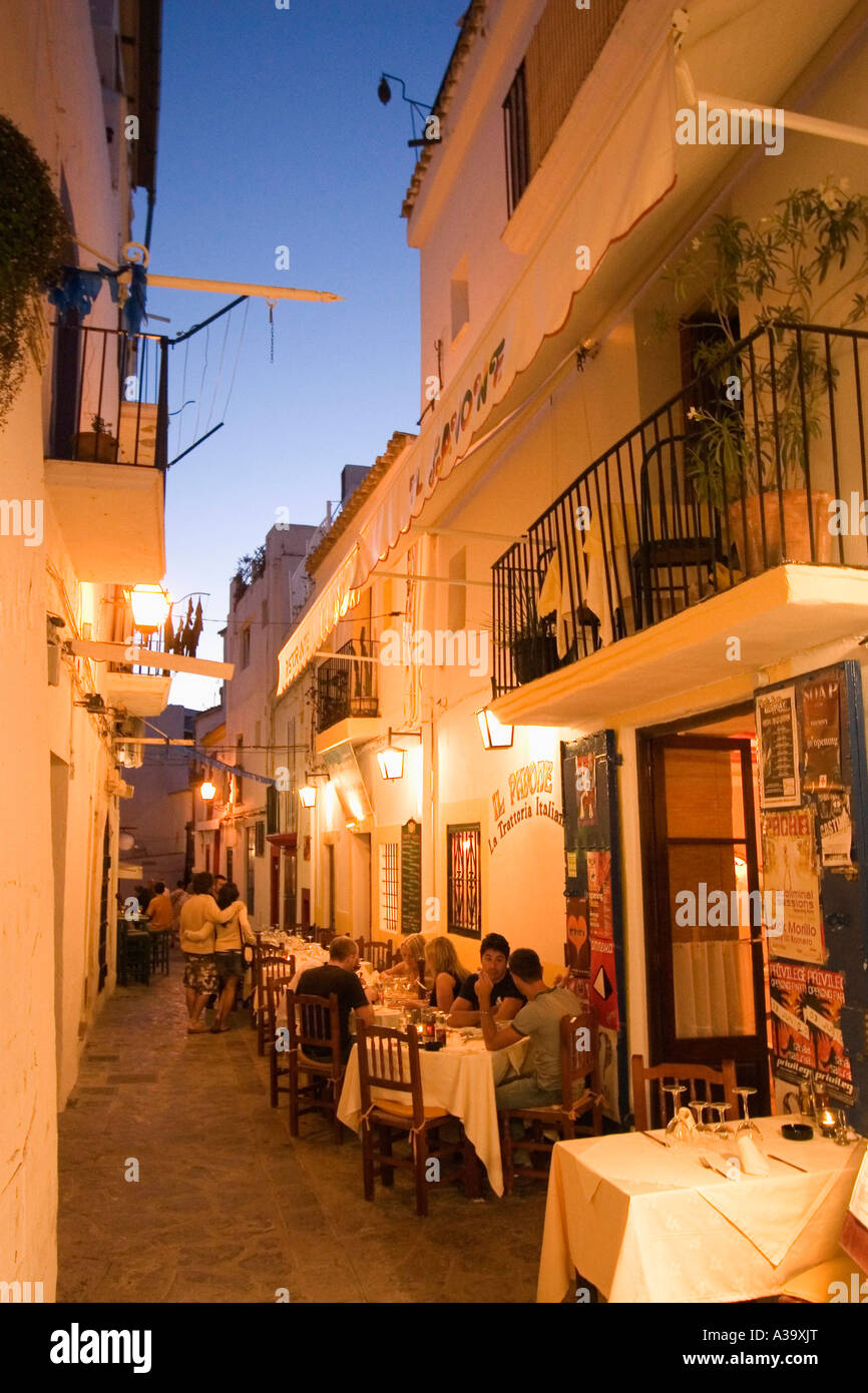 Spain Baleares island Ibiza town Dalt vila Restaurant outdoor in the evening Stock Photo