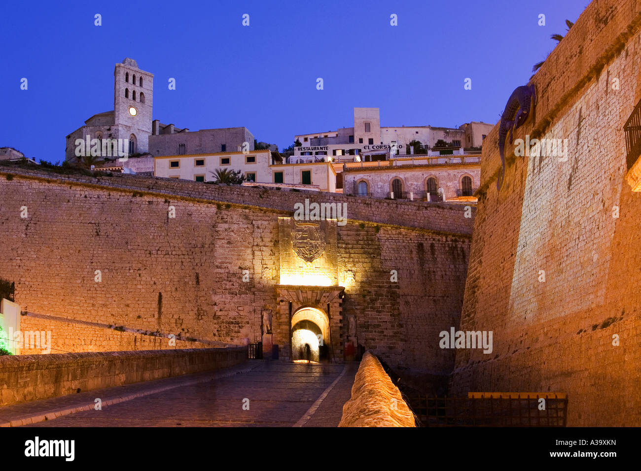 Spain Baleares island Ibiza Dalt vila fortress at night Portal de ses Taules Stock Photo