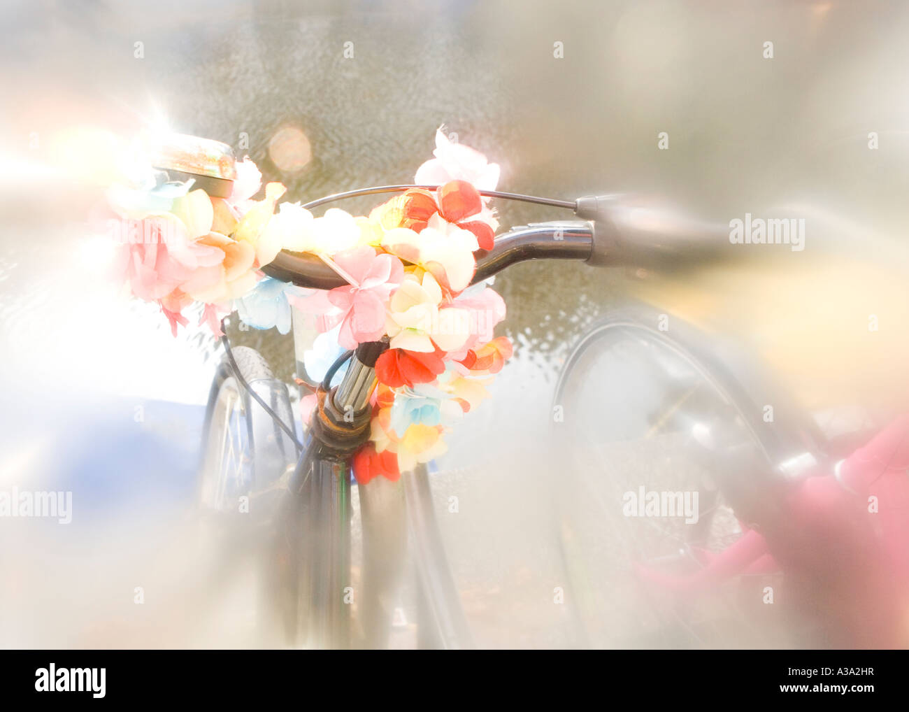 Dreamy treatment of a personalised bike with coloured flowers and ribbons Amsterdam Stock Photo
