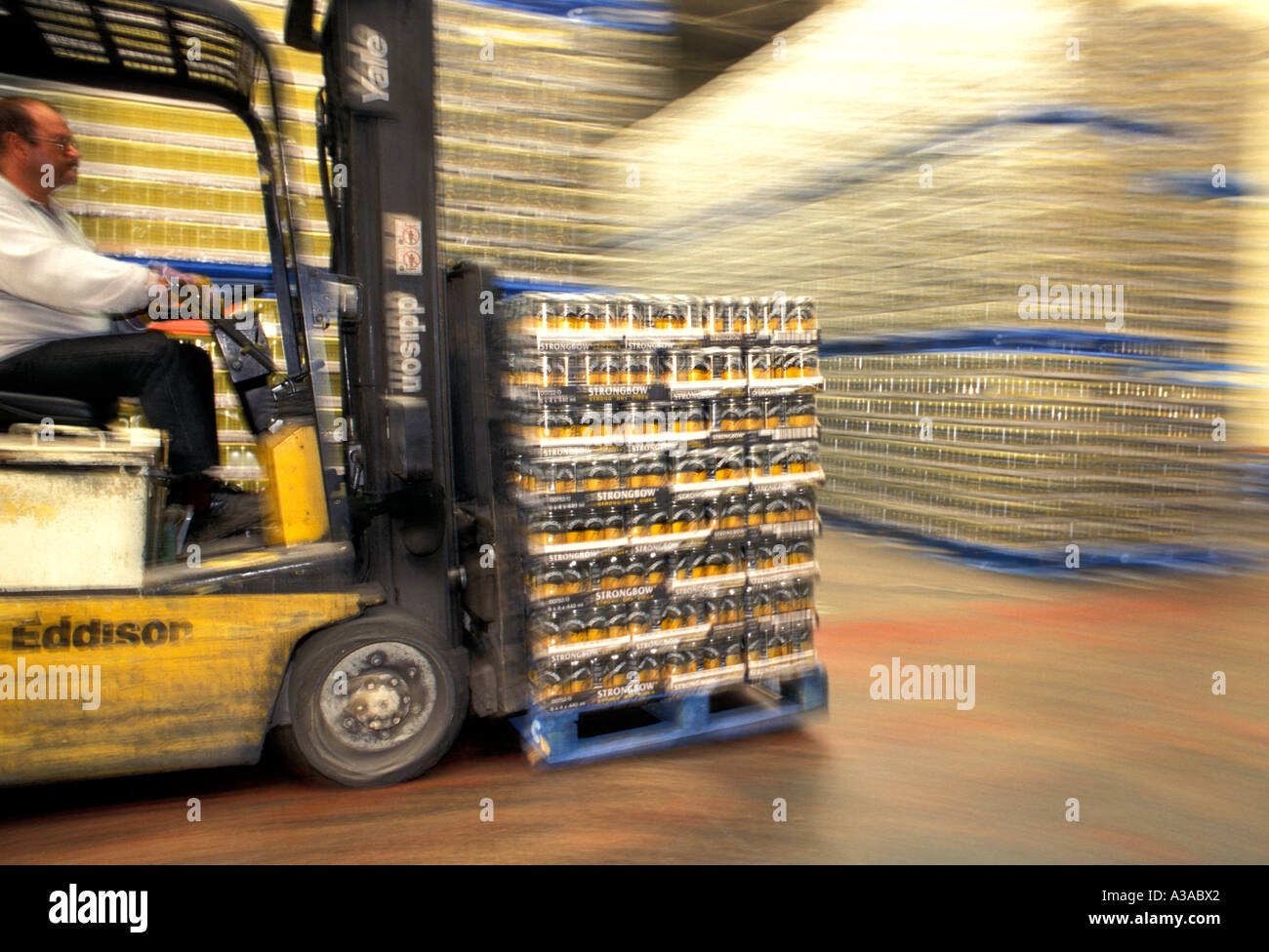 Forklift truck in Strongbow warehouse Stock Photo