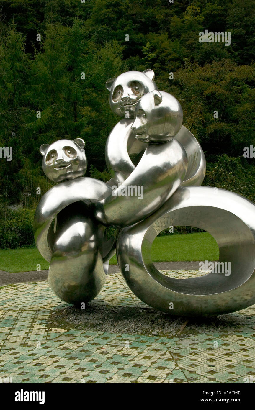 Sculpture of  a Giant Panda Family, Wolong, China Stock Photo
