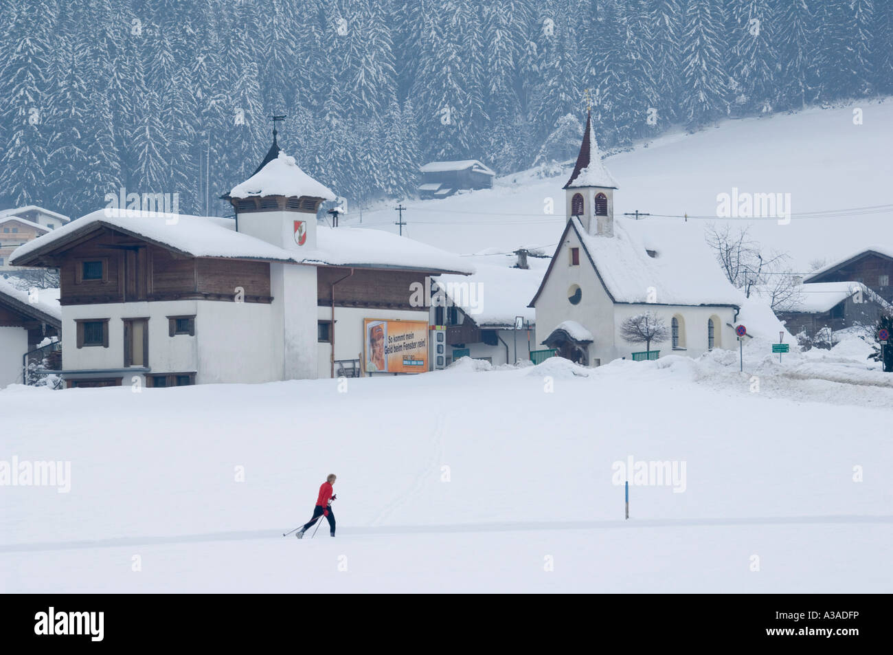 cross country skier Hippach village Mayrhofen ski resort Zillertal
