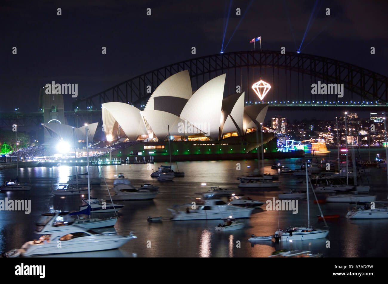 Australia New South Wales Sydney Opera House and Coathanger Bridge with Boats in Sydney Harbour