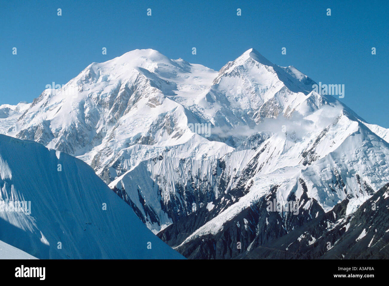 Denali National Park, Mt McKinley, Alaska Range, Alaska, USA. North and South Summits, Karstens Ridge from summit of Mt Brooks. Stock Photo