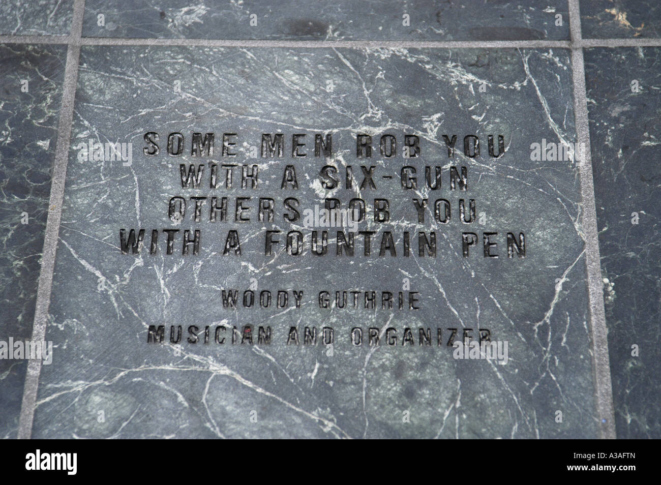 P23 066 Michigan Labor Legacy Landmark, Woody Guthrie Fountain Pen Quote, Detroit Stock Photo