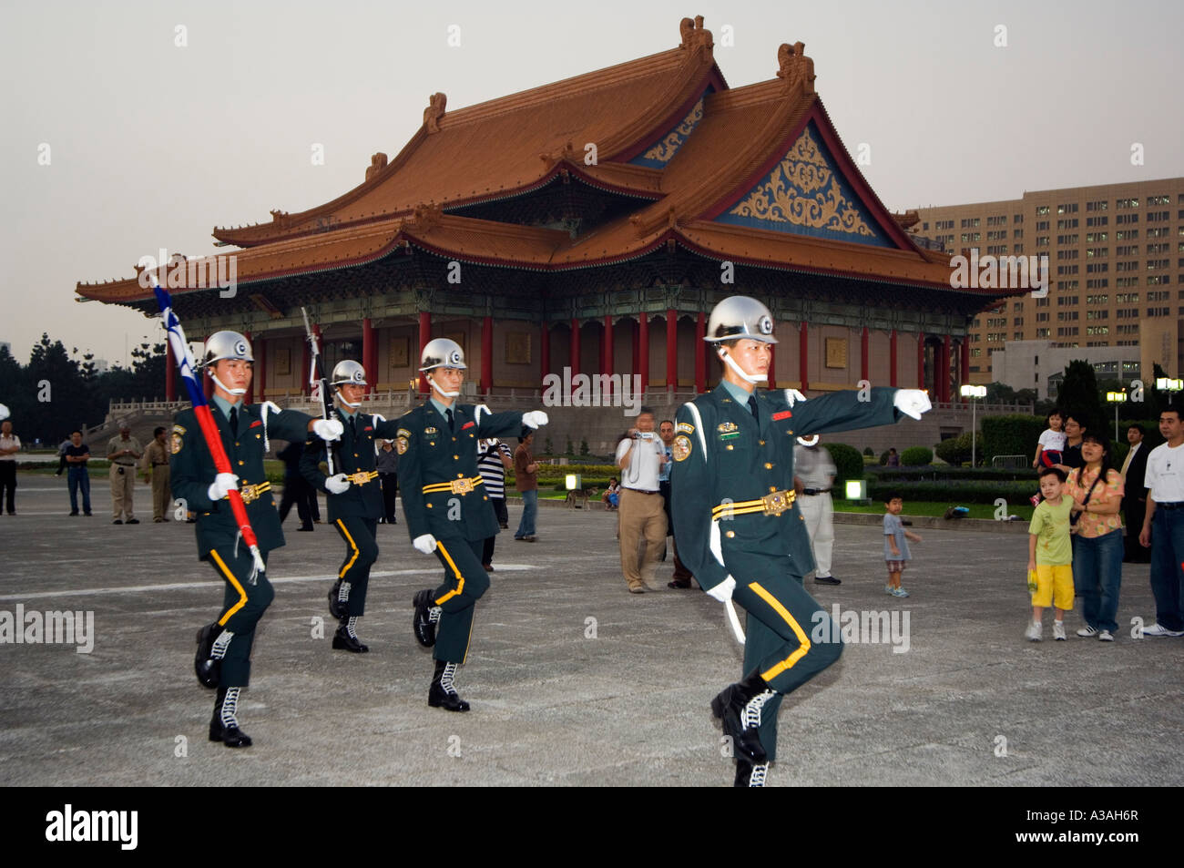 guards at evening ceremony of lowering the national flag Chiang Kaishek ...
