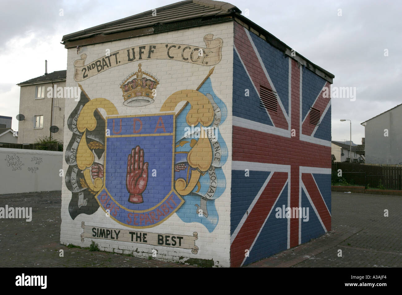 UDA UFF loyalist wall mural union jack flag shankill road west belfast northern ireland Stock Photo