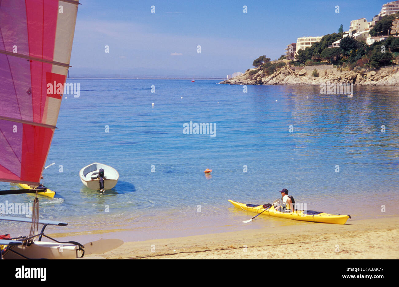 Spain, Costa Brava, Canyelles Petites, near Roses, man canoeing Stock Photo