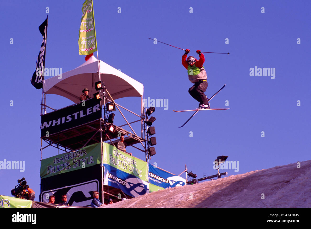A Skier competing at the Big Air Freestyle Ski Competition Whistler British Columbia Canada Stock Photo