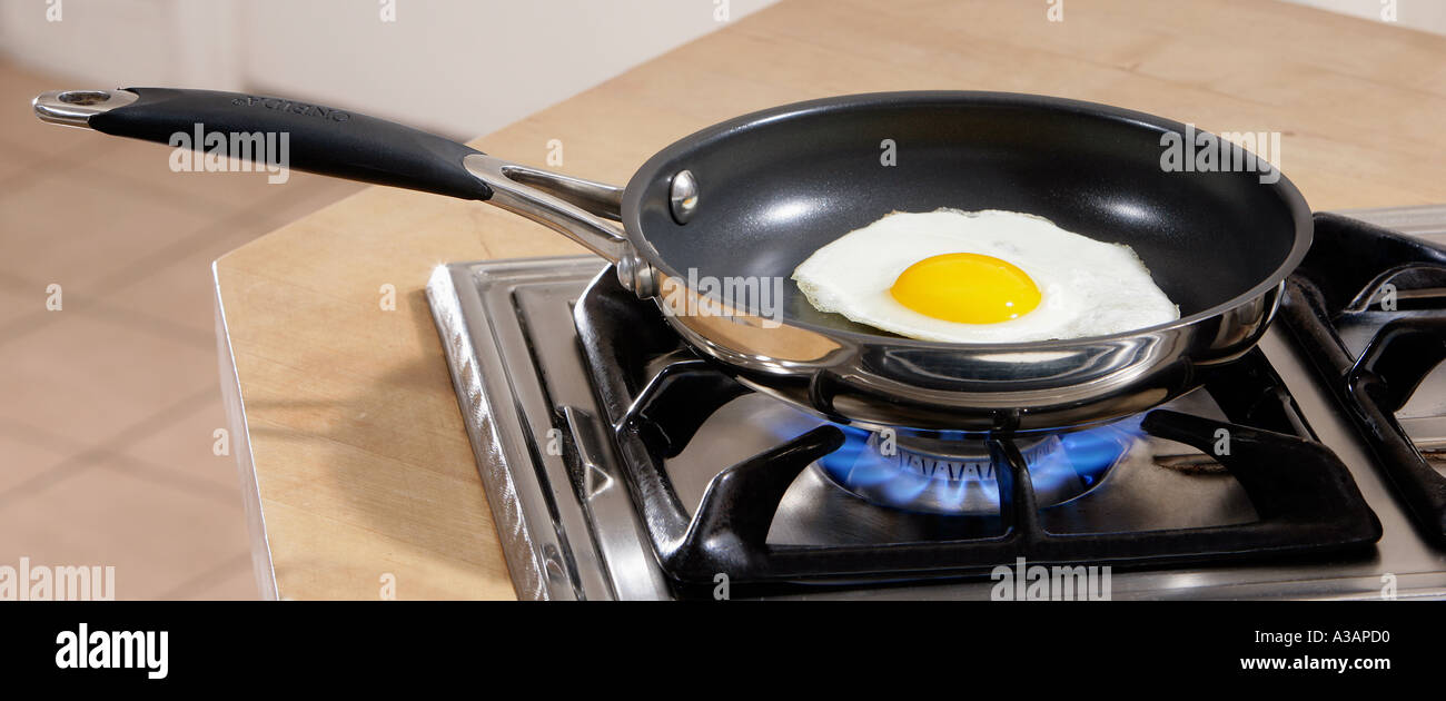 Frying an Egg in a Teflon Coated Pan Stock Photo