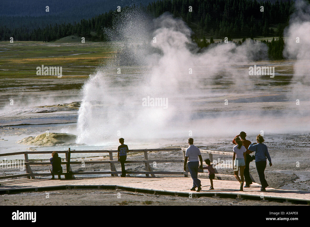 Tourists Witness Imperial Geyser Basin Spectacle Yellowstone National Park Hot Springs Stock Photo