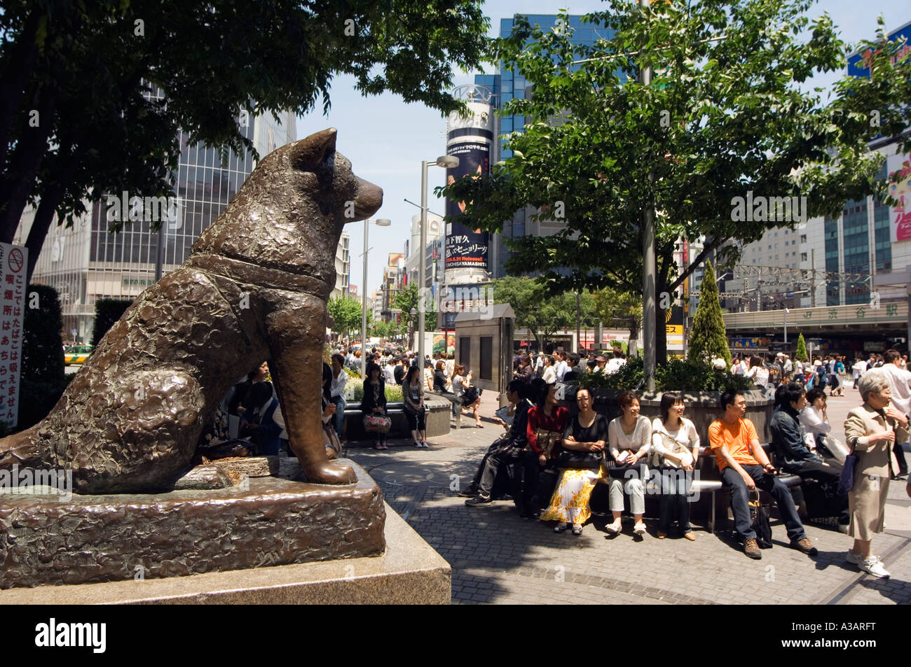 people waiting at Hachiko dog statue Shibuya kosaten crossing Shibuya ward Tokyo Japan Asia Stock Photo