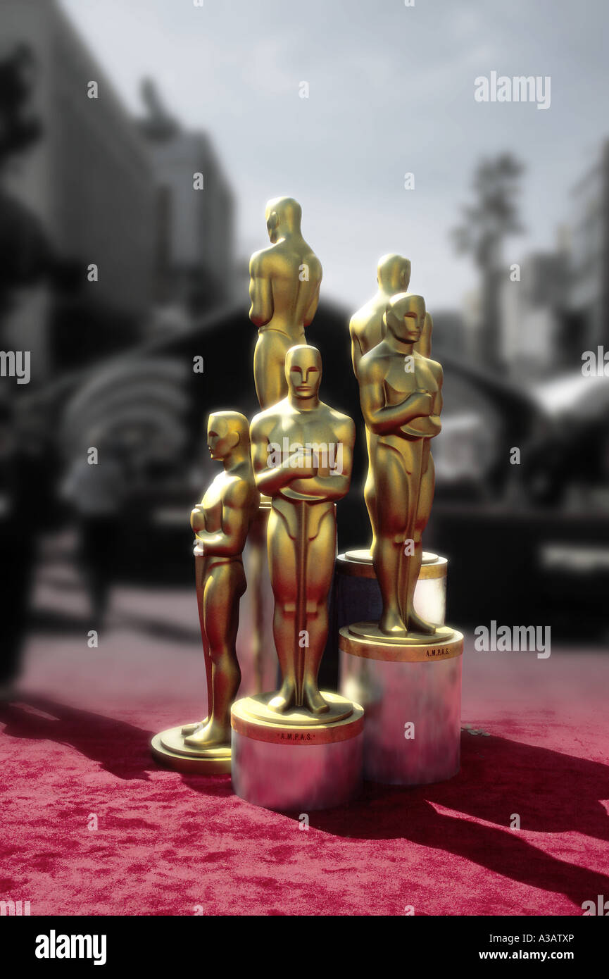 Group of five Oscar statues standing at the celebrity entrance for the Academy Awards show on