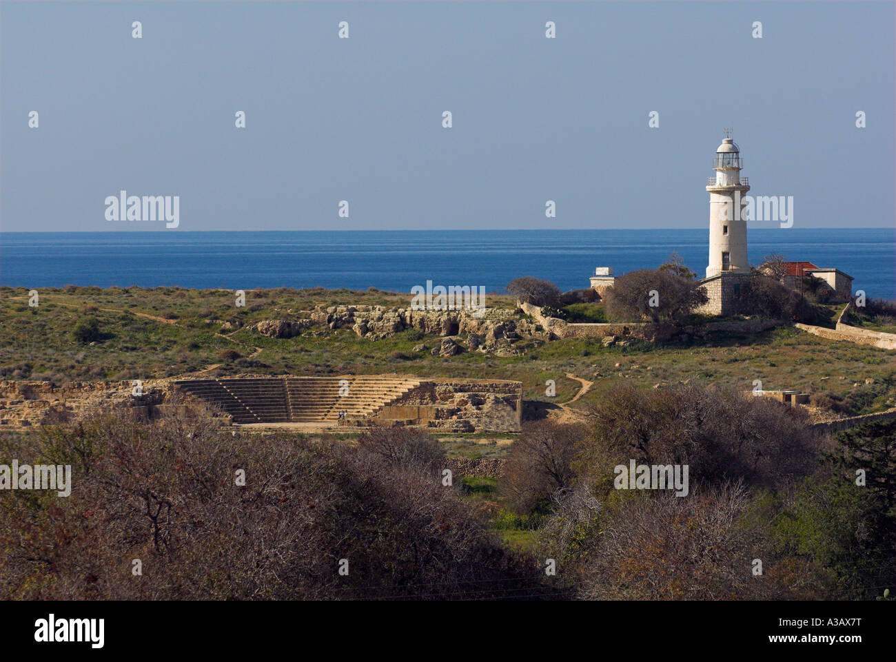 Cyprus lighthouse and Pafos 2nd century Odeon. Stock Photo