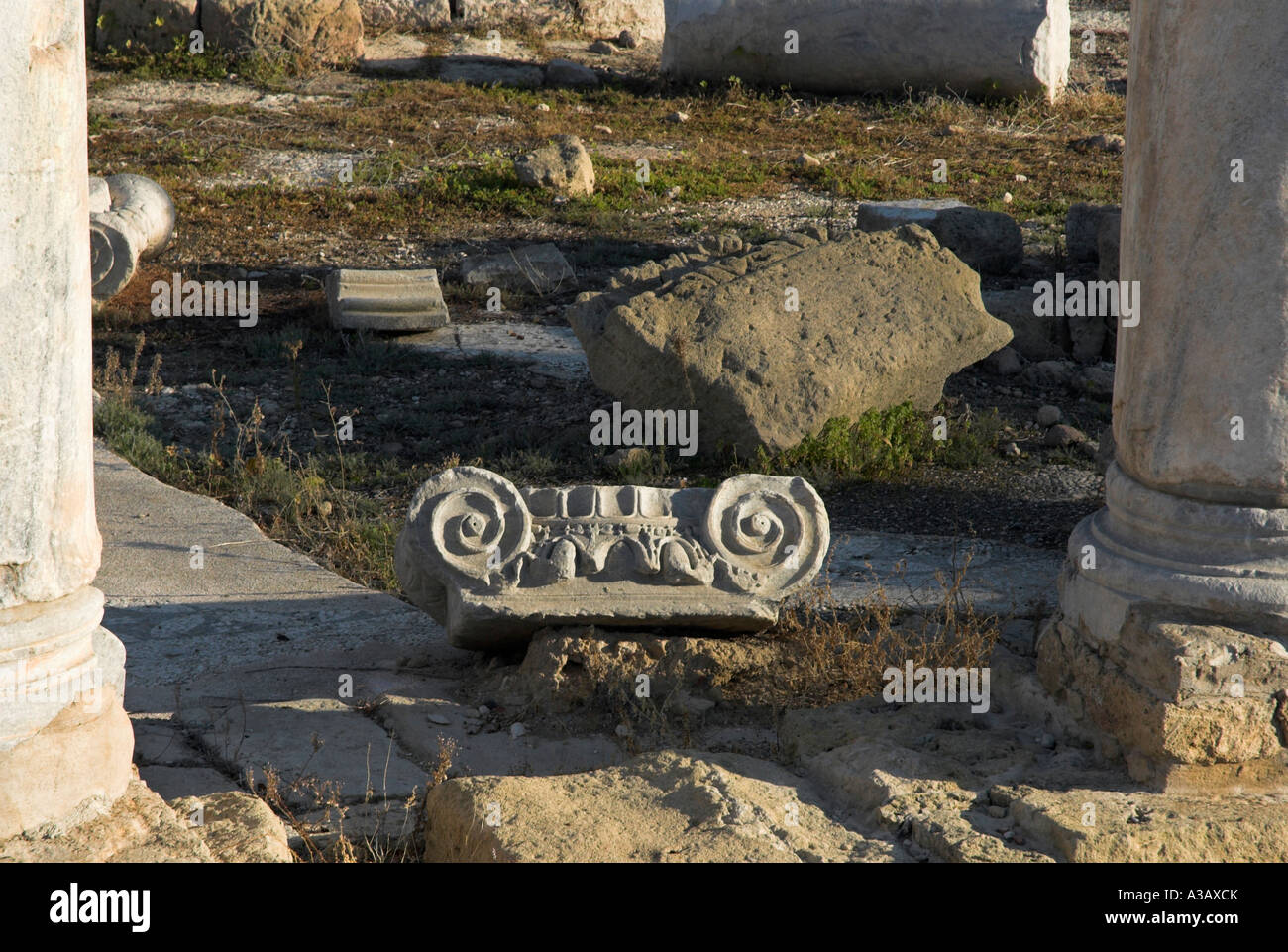 Greek iconic stonework, IONIC CAPITAL. Stock Photo