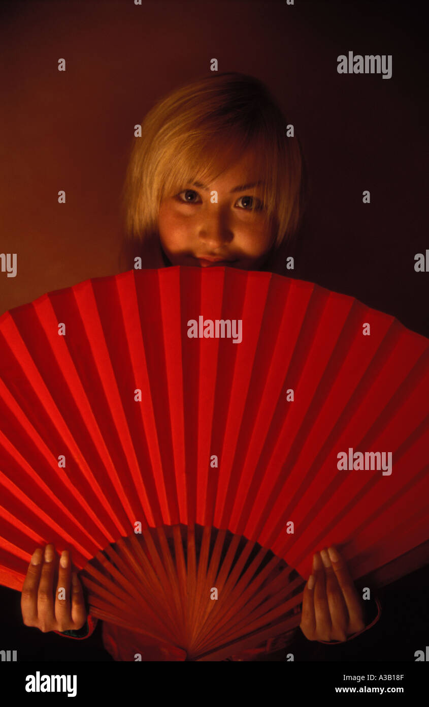 Girl with Red Fan 0388 Stock Photo