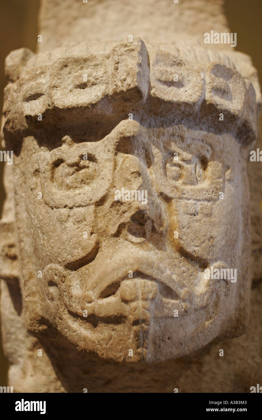 Mythic sculpture of the human face.  Uxmal, late classic period, Regional Museum of History and Anthropology, Merida, Mexico Stock Photo