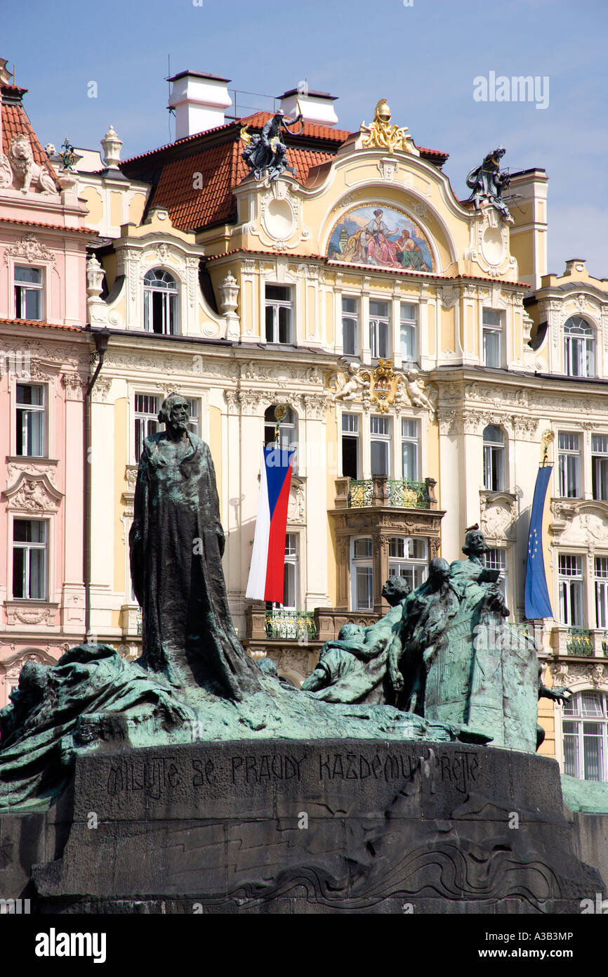 CZECH REPUBLIC Bohemia Prague Old Town Square Monument to religious reformer Jan Hus by Art Nouveau Ministry Local Development Stock Photo