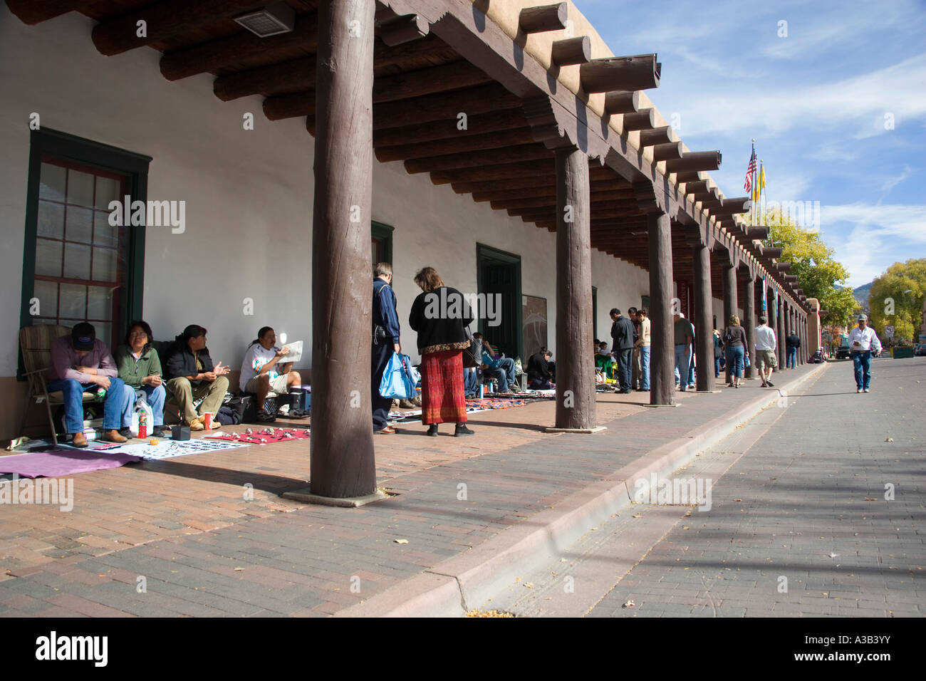 USA New Mexico Santa Fe Governors Palace Native American Pueblo Indian market stalls under the arches selling local crafts Stock Photo