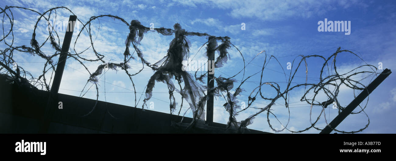Barbed wire on top of wall Stock Photo - Alamy