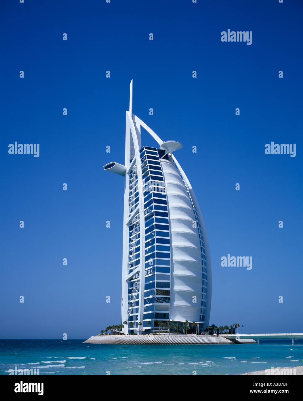 UAE Middle East Gulf State Dubai 6 Star Burj Al Arab Hotel on Jumeirah Beach on an offshore island with causeway leading to it Stock Photo