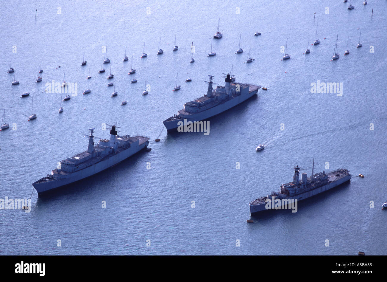 Aerial View of British Naval Base Portsmouth UK showing mothballed destroyers July 2002 Stock Photo