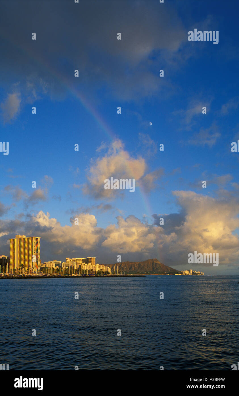 Diamond Head and Waikiki hotels with rainbow and moon Honolulu Oahu ...