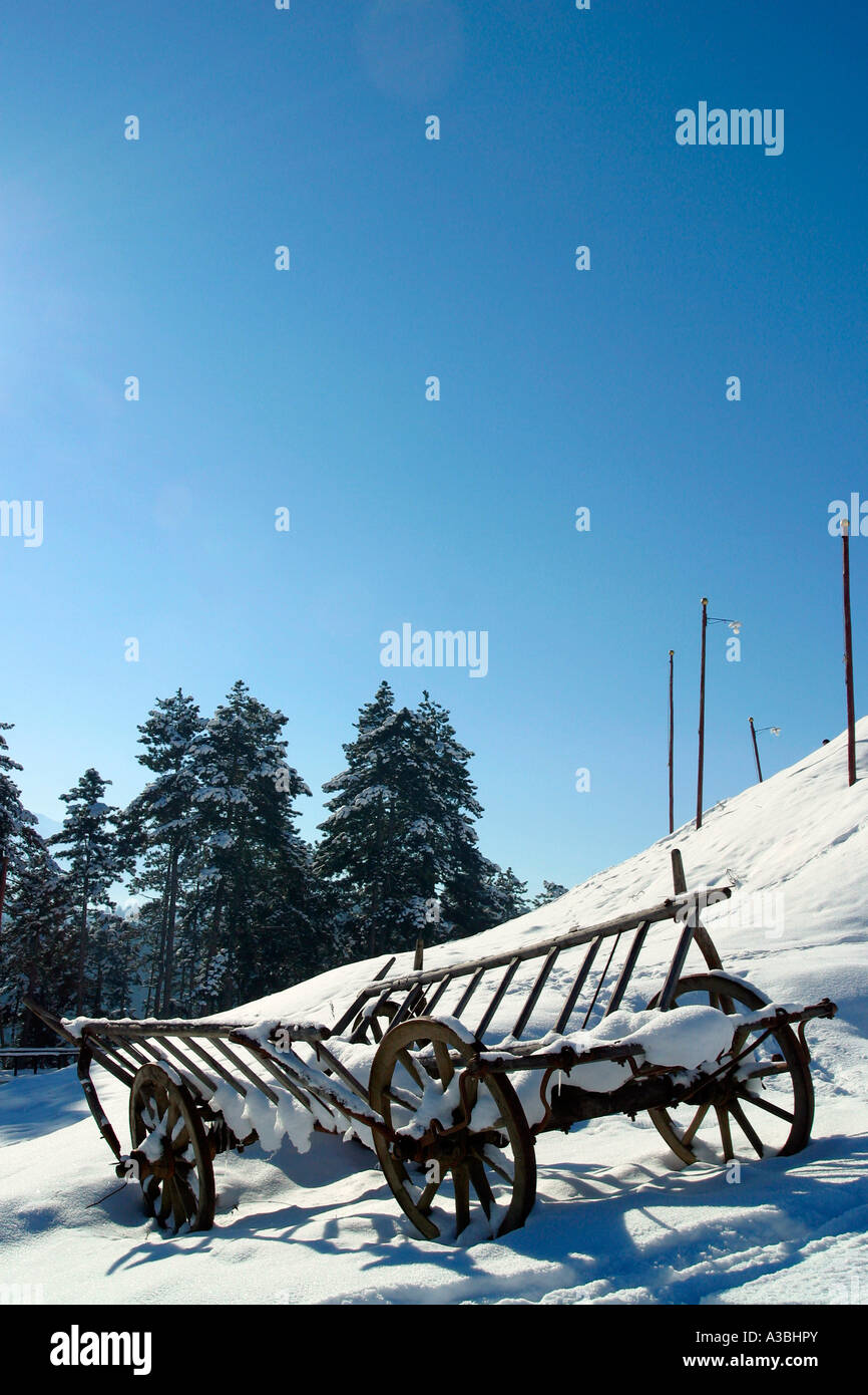 hay wagon and snow Stock Photo