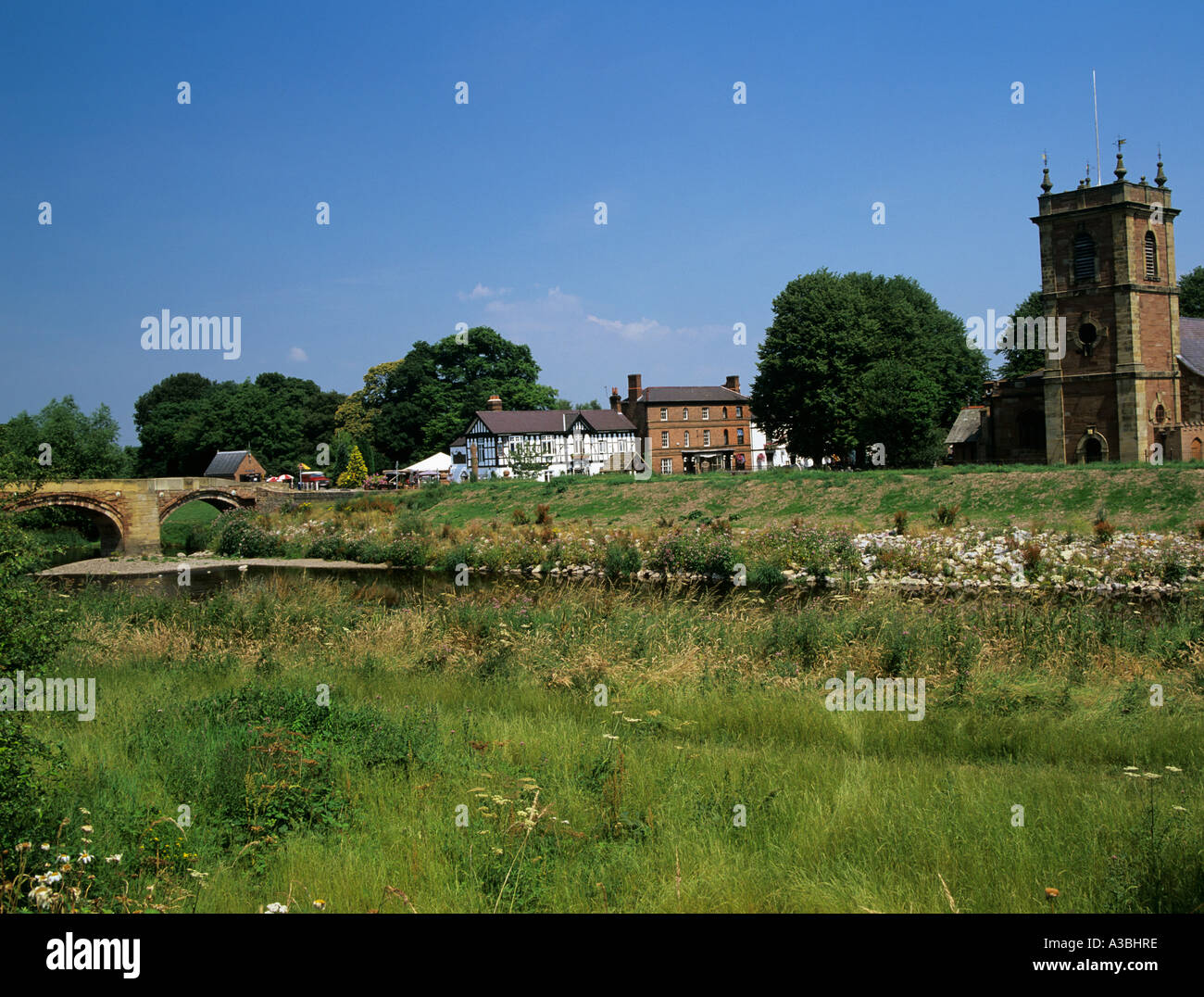 BANGOR ON DEE North Wales UK July View over River Dee towards The Royal Oak and the High Street