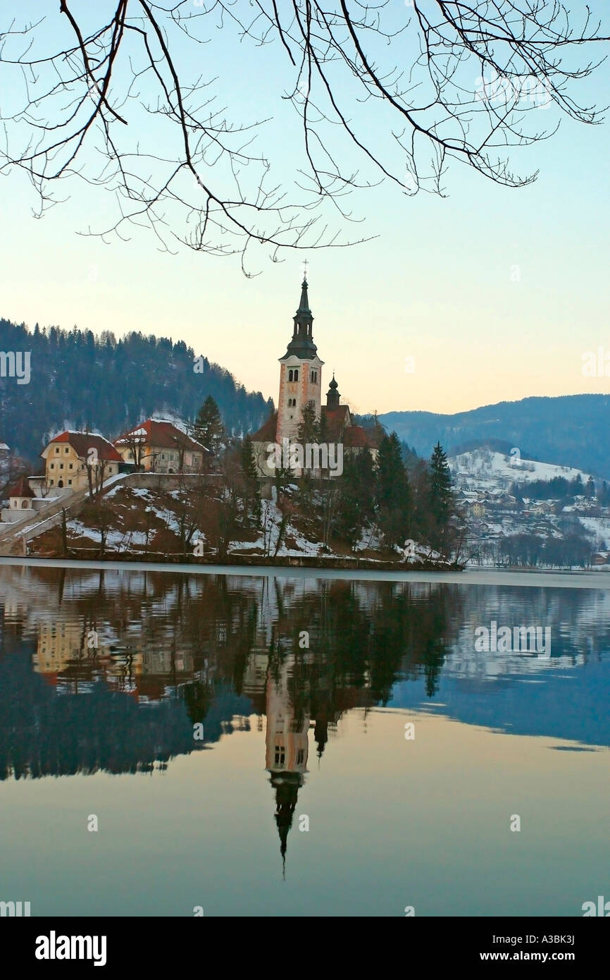 Slovenia Lake Bled and Church of the Assumption Stock Photo