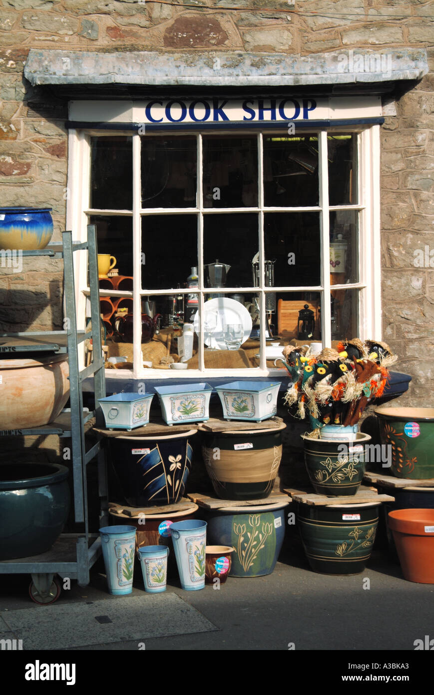 Hay on Wye Rest Cook Shop with pavement display of pots adjacent shop ...