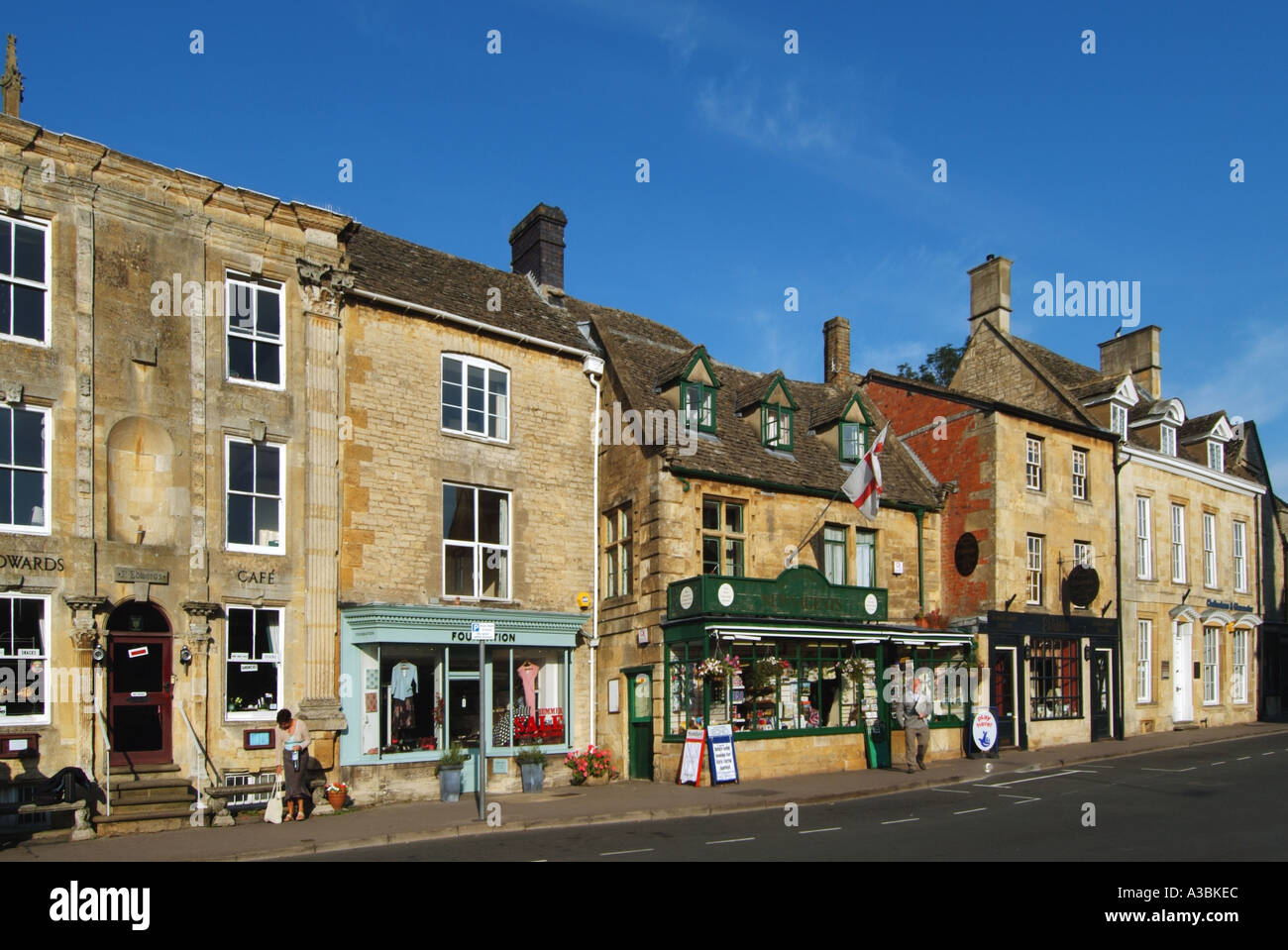 Stow on the Wold Cotswold market town street scene with section of