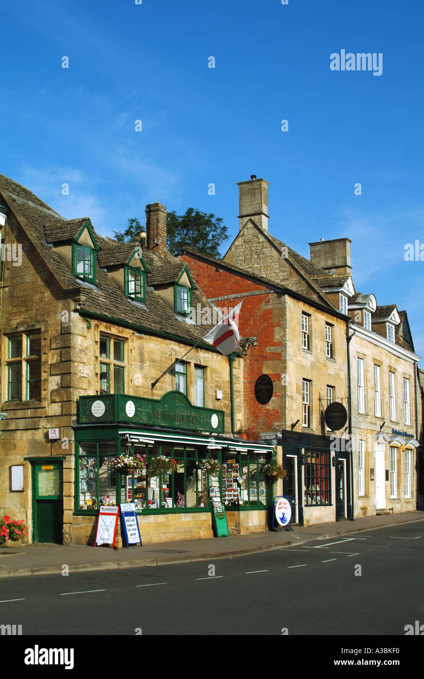 Stow on the Wold Cotswold market town street scene with section of buildings on one side of