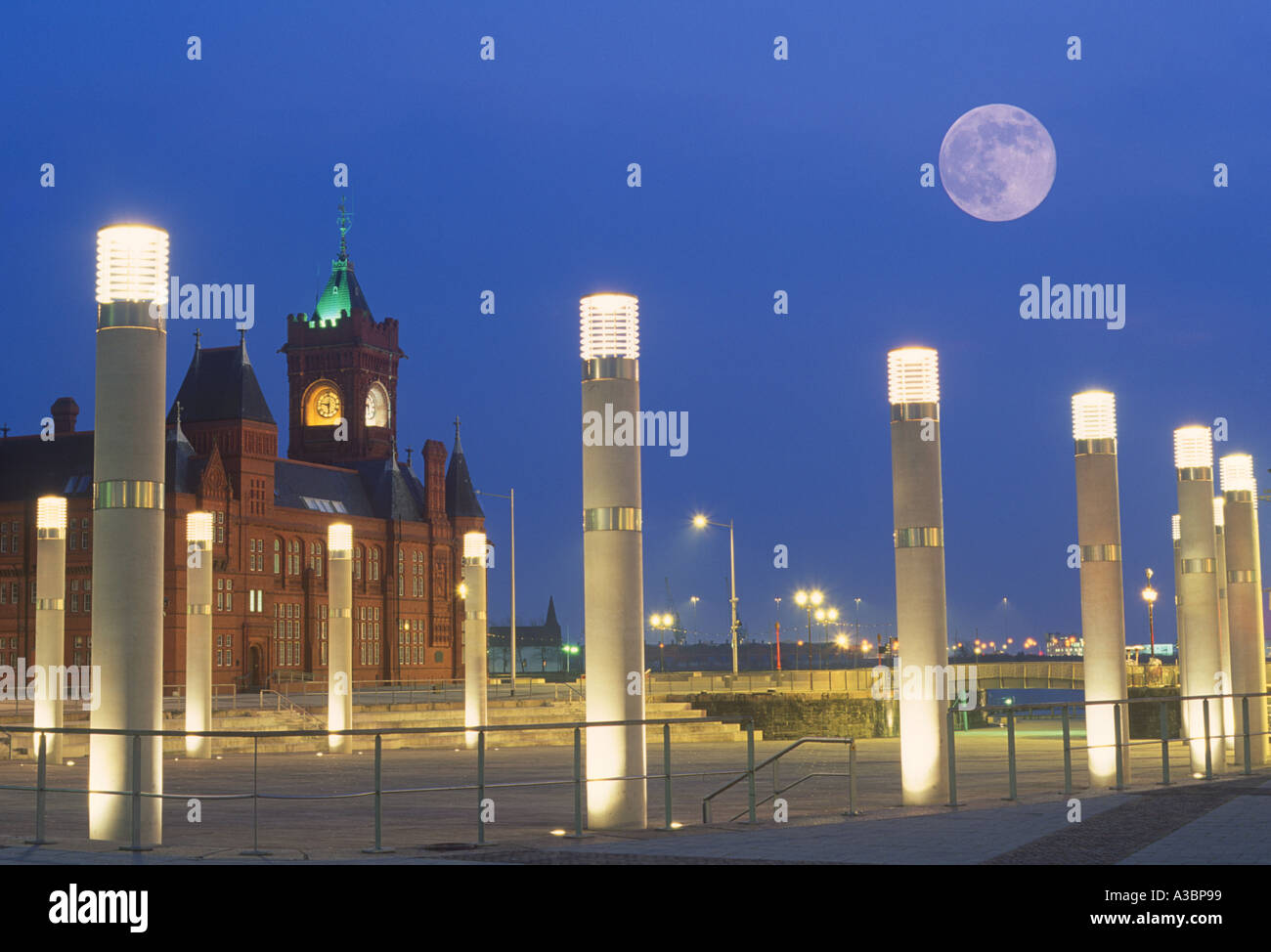 Pierhead Building Oval Basin and Roald Dahl Plass at night Cardiff Bay South Wales Stock Photo