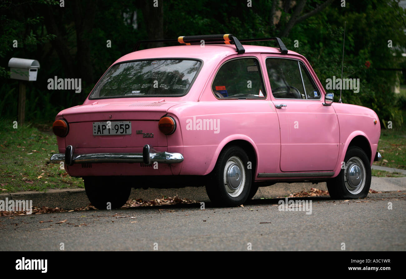 A hot pink hand painted1968 Fiat 850 Stock Photo