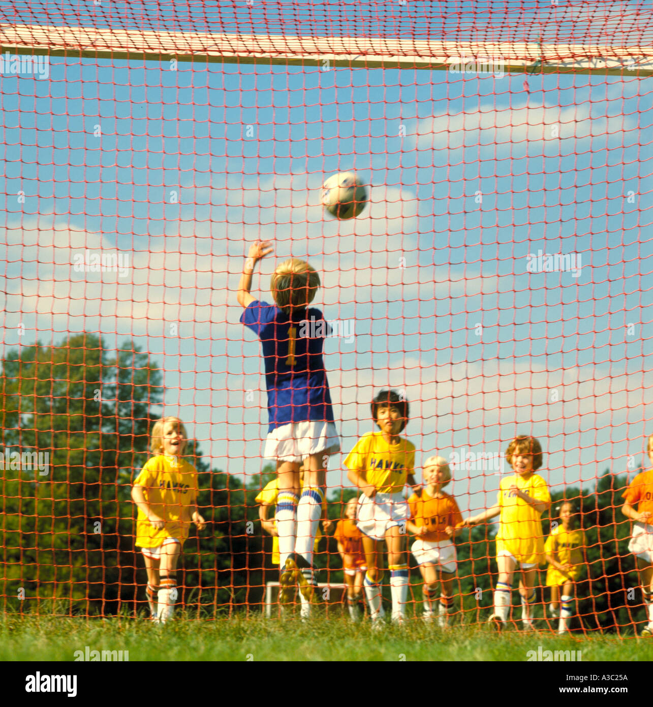 View from behind as a soccer goalie is preparing to throw the ball back