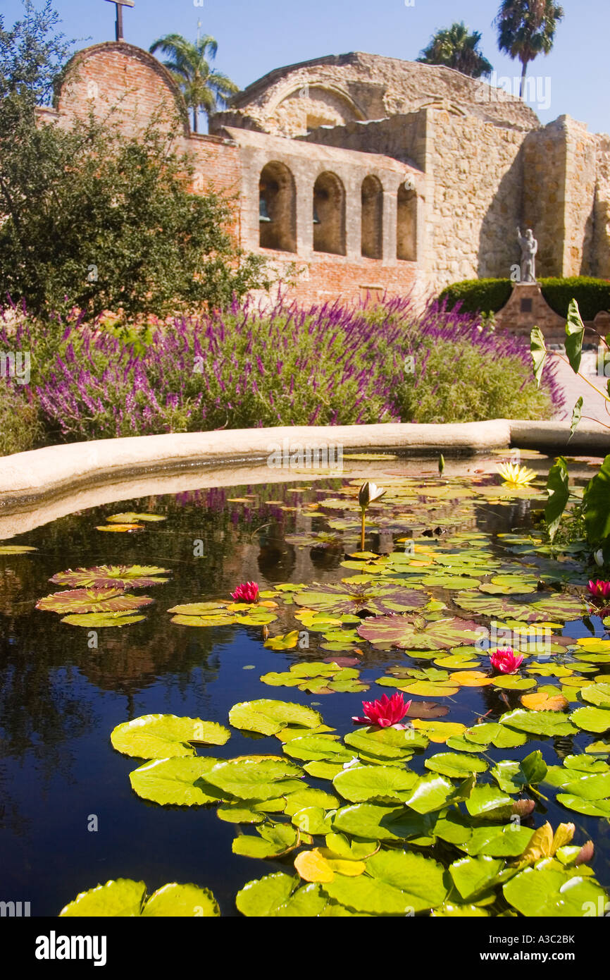 The fountain and Great Stone Church at Mission San Juan Capistrano in