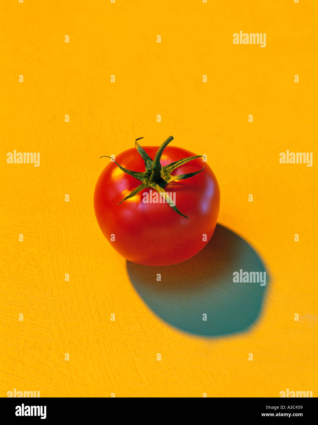 Red tomato on a yellow background with a blue shadow by Pete McArthur 1997 Stock Photo