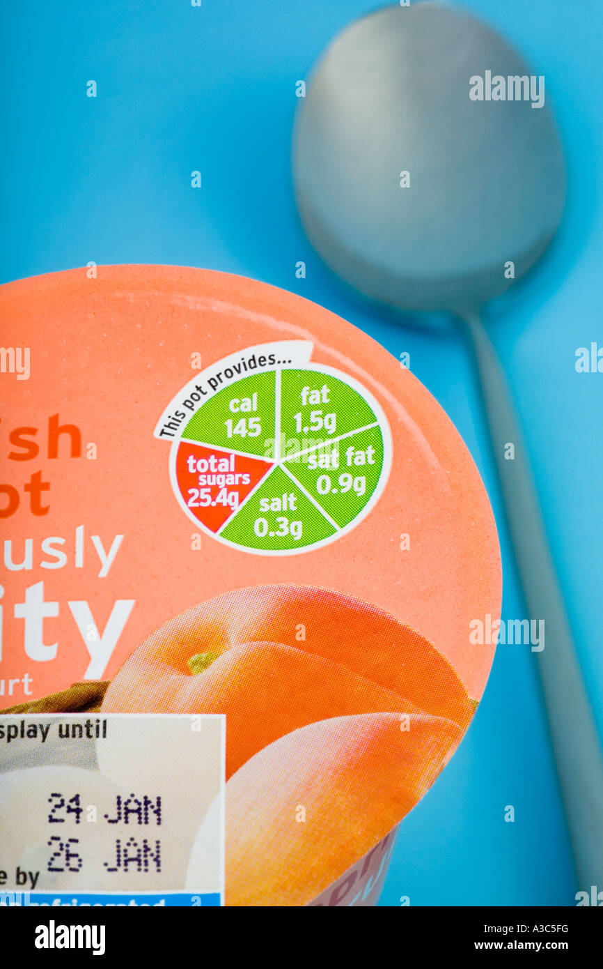 Healthy fruit yogurt package with expiry date and nutritional information Stock Photo