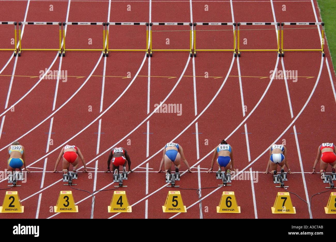 runners at the start of a 100m hurdles race at the Munich European