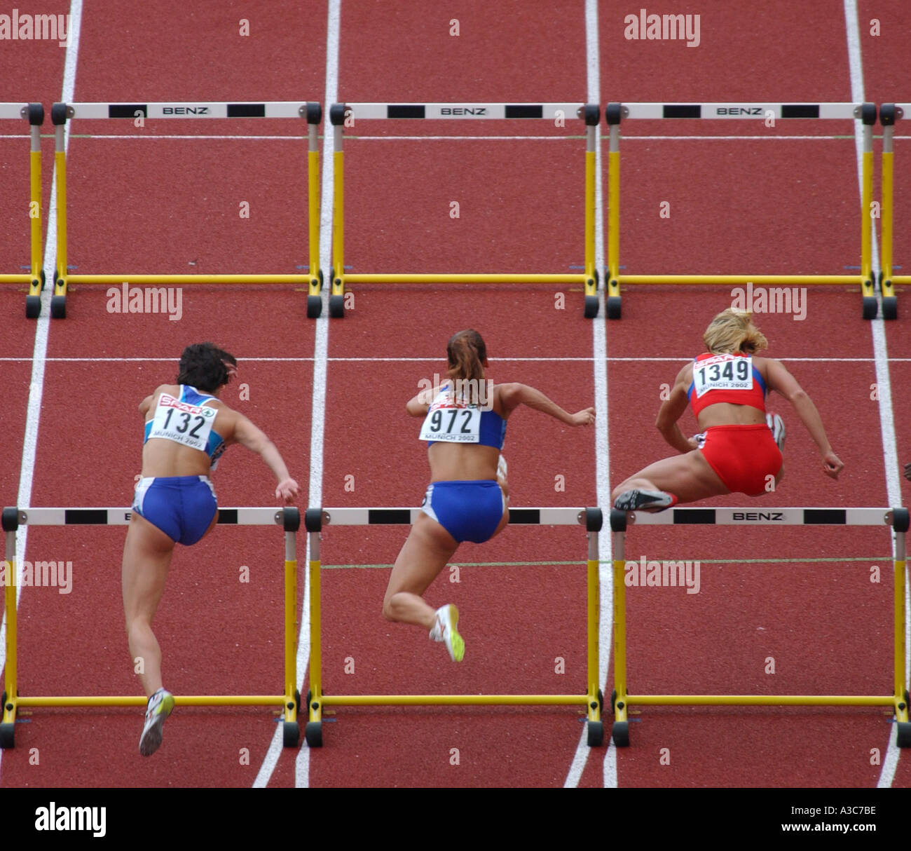 runners at a 100m hurdles race at the Munich European Athletics