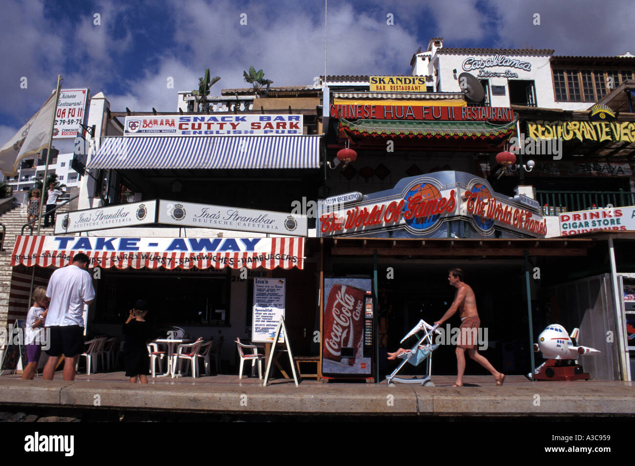 Bars and restaurants at Playa de las Americas, Tenerife, Spain Stock Photo  - Alamy