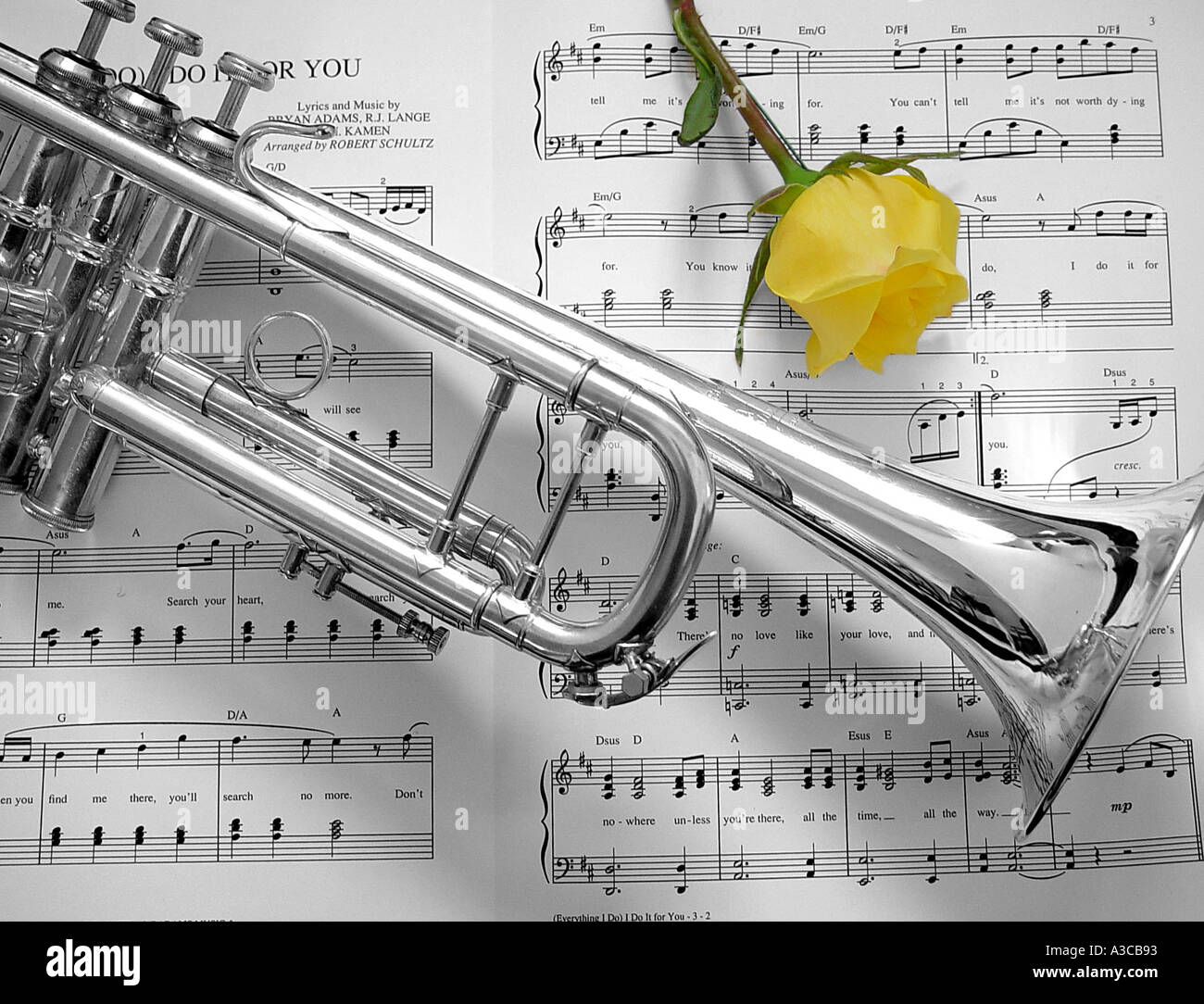Bach Trumpet with yellow rose  Stock Photo