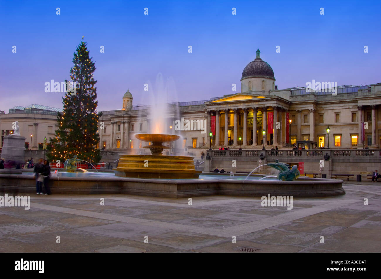 trafalgar square at christmas with tree illuminated at night waterfall and national gallery behind london england uk famous tour Stock Photo