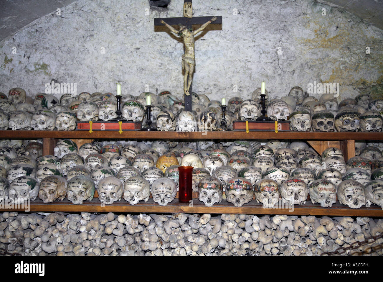 Beinhaus in Hallstatt Austria Human skull house Stock Photo