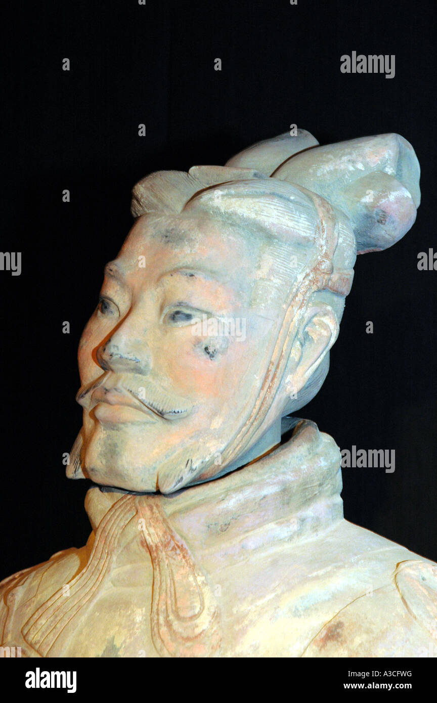 Replica of chinese figure from famous chinese terracotta army of Qinshi Huang dig emperor on exhibit in Warsaw, Poland Stock Photo
